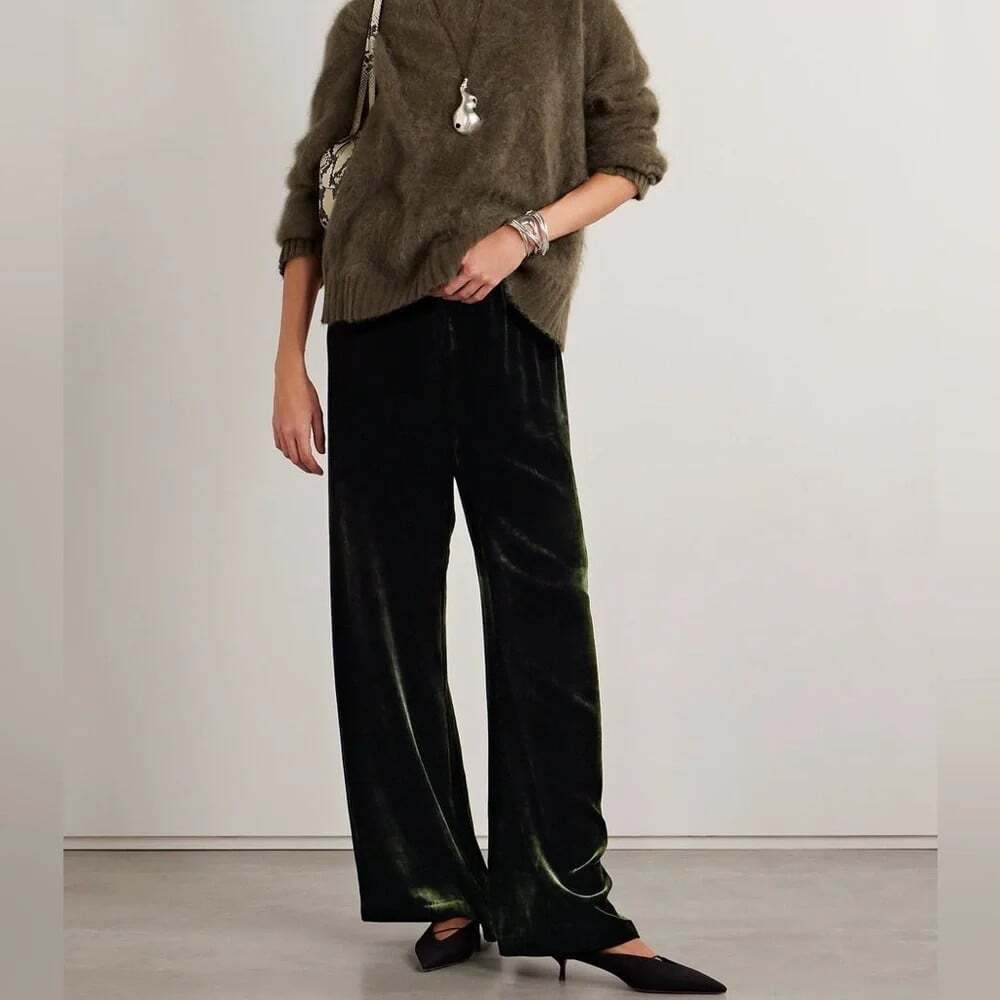 LA LIGNE Sabine Sz XS Dark Olive Green Wide Leg Pants Velvet Whimsigoth Holiday